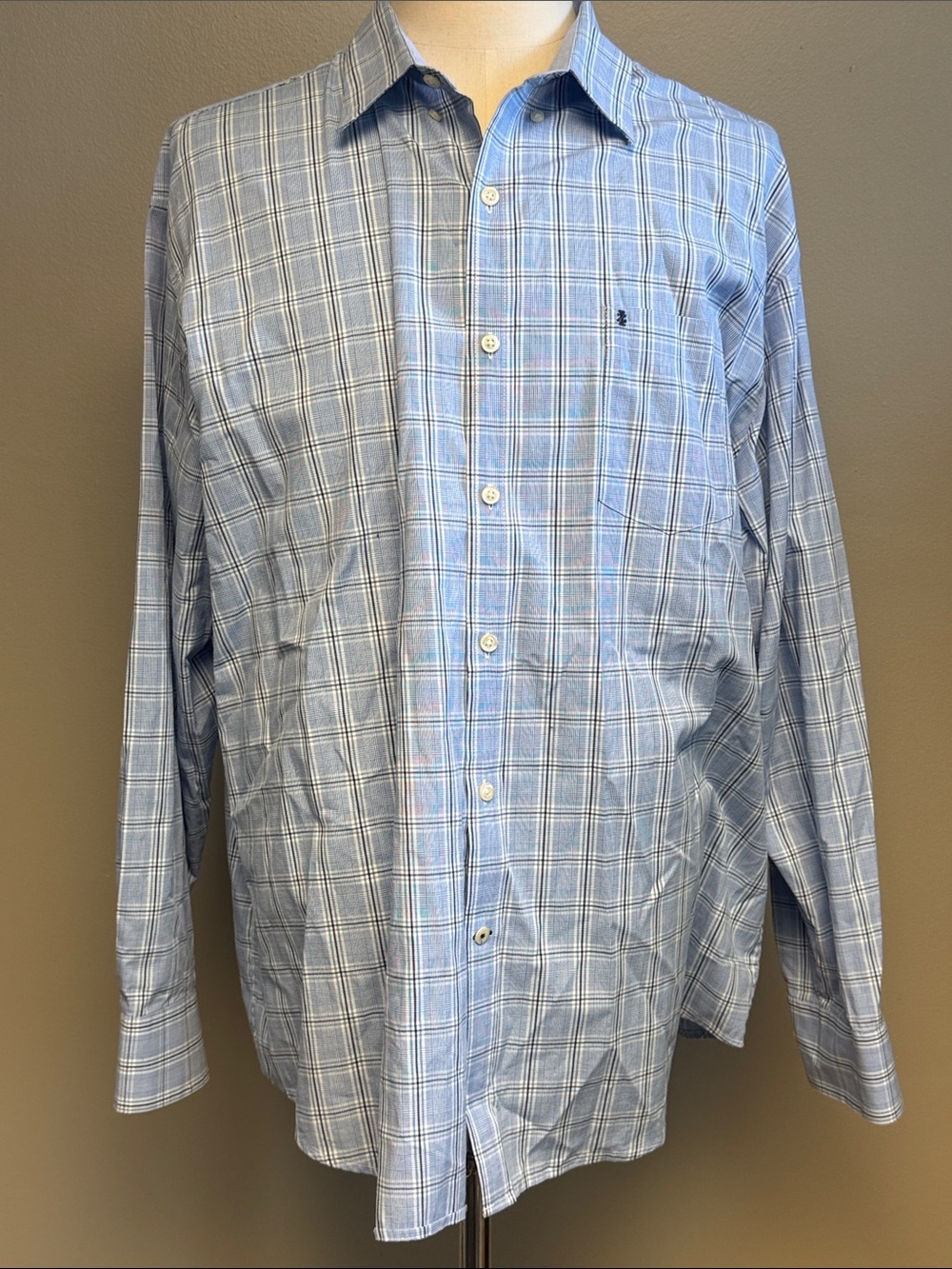 IZOD Premium Essentials Blue Plaid Button Front Shirt XXL 100% Cotton